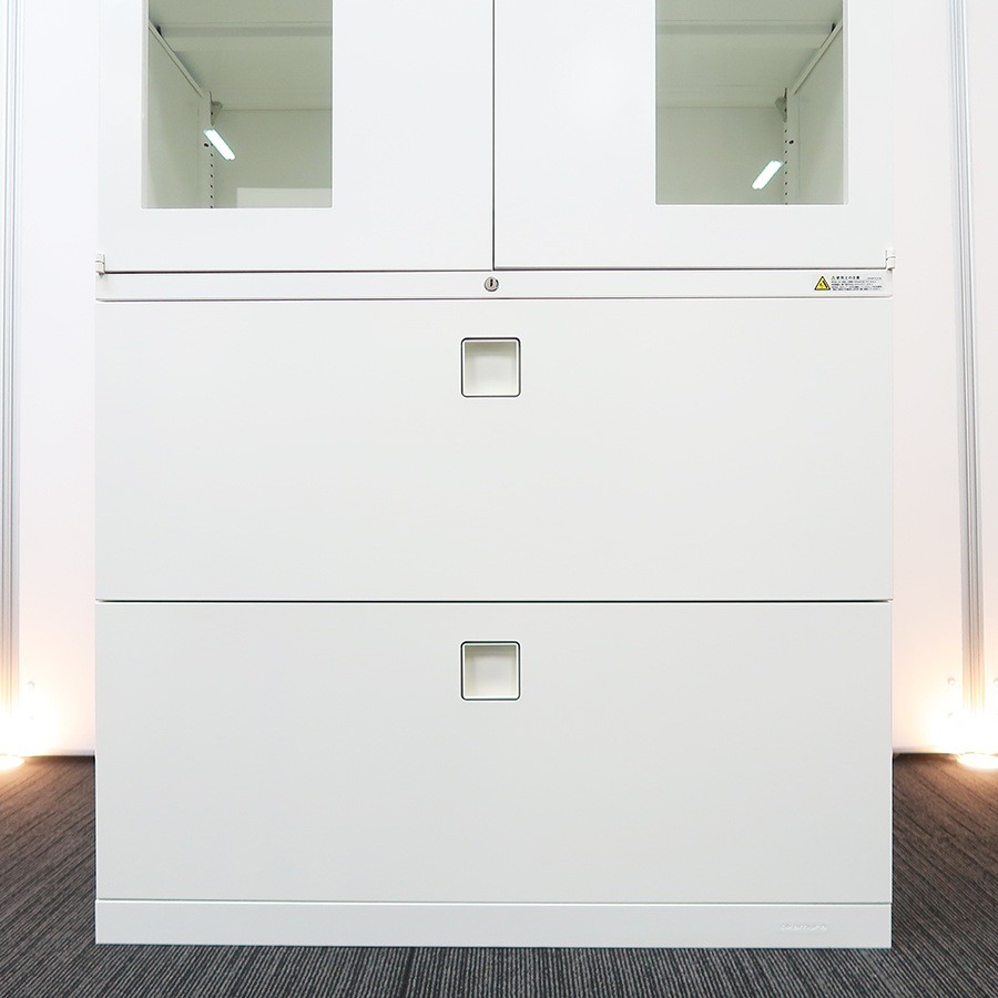 収納キャビネット】中古オフィス家具<br>【ガラス両開き + 2段ラテラル