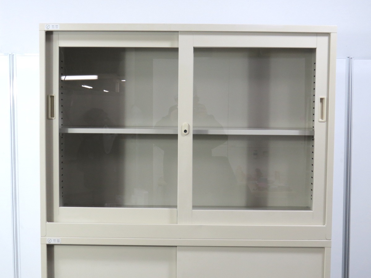 中古】43上下書庫 生興 ガラス+スチール引き違い 中古オフィス家具