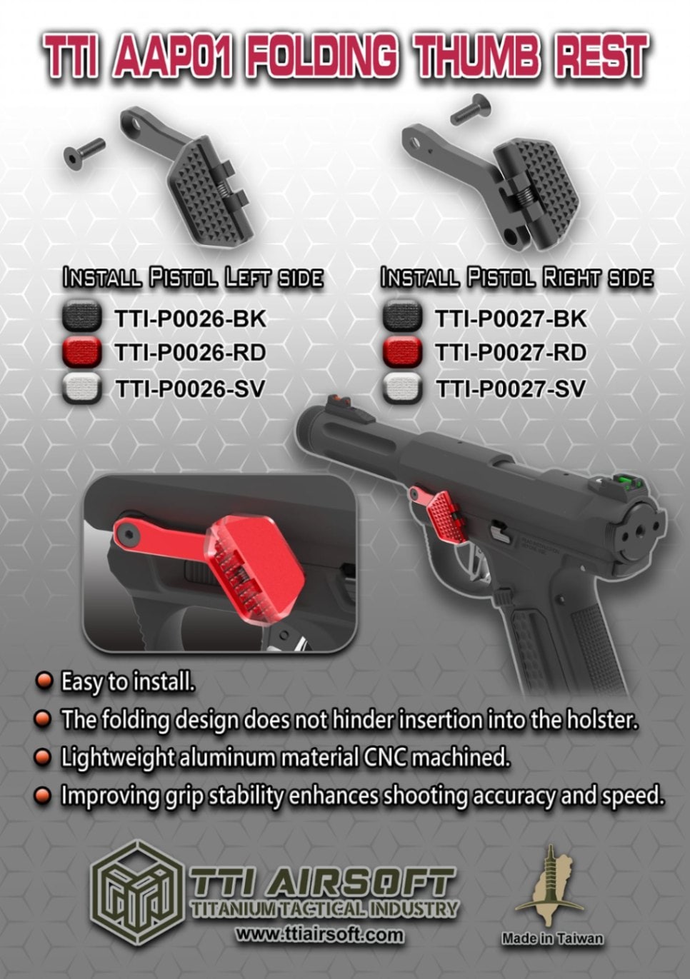 実銃対応ガンレスト TTI Airsoft AAP01/CNCアルミ フォールディングサムレスト-右利き/RED