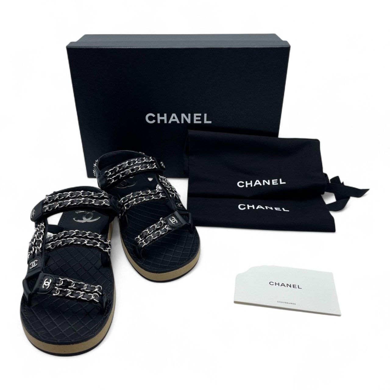 シャネル ココマーク チェーン フラット サンダル 38 ブラック