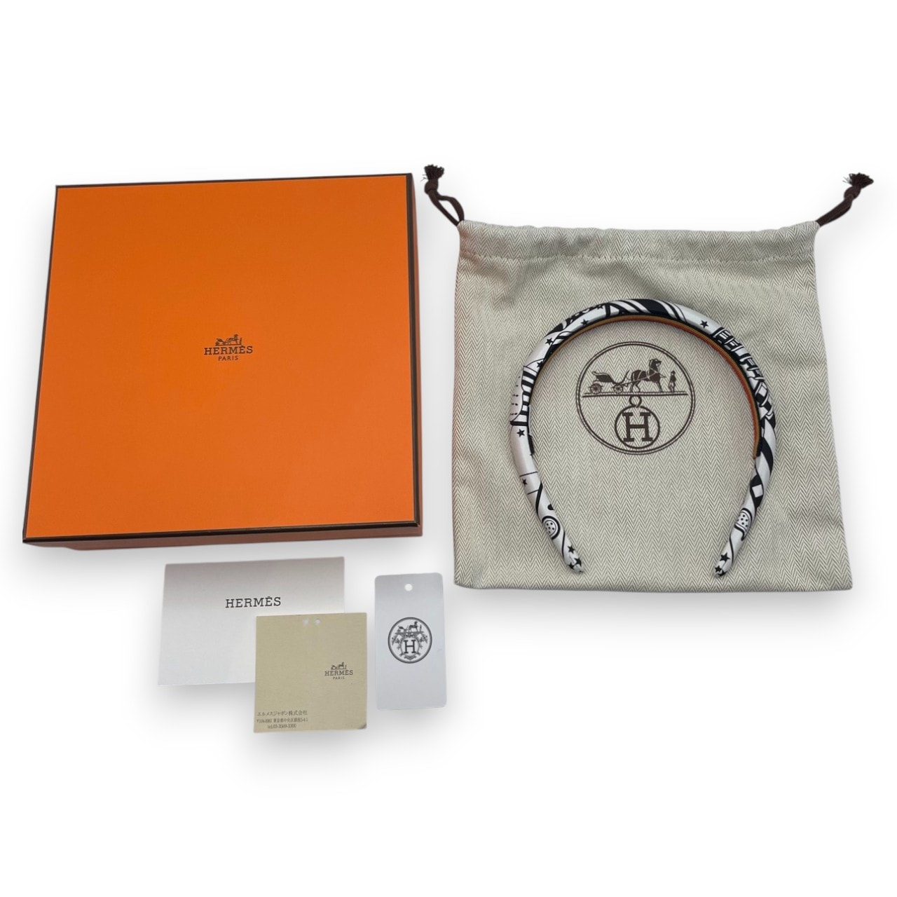 エルメス カチューシャ ジナ ジグザグ ホワイト / ブラック シルク100