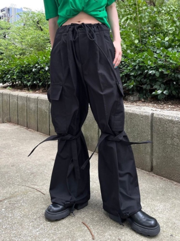 ちいかわゆうちゃみさん専用STRONG BASIC TROUSERS BLACK 受注制【Chikashitsu +】draw cord stripe wide slacks