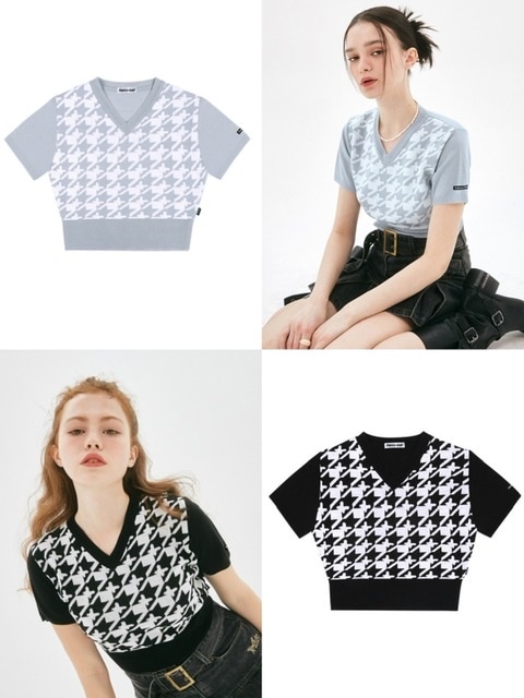 【NASTY FANCY CLUB】HOUND TOOTH CHECK CROP KNIT TEE