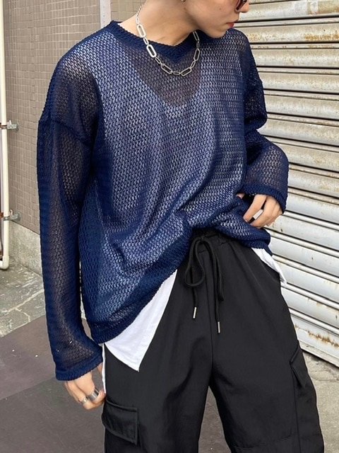 受注制【Chikashitsu +】oversized v neck net knit (2color)