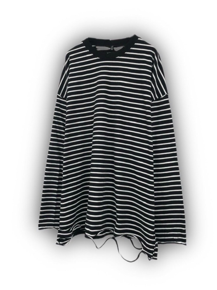 受注制【Never mind the XU】stripe damage long sleeve tee