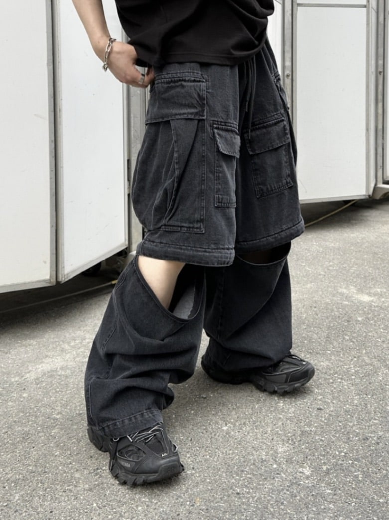 受注制【Chikashitsu +】2way heavy pocket denim cargo pants (2color)