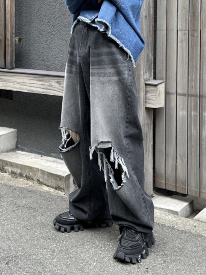 WEB限定【Chikashitsu +】vintage crash denim pants (2color)