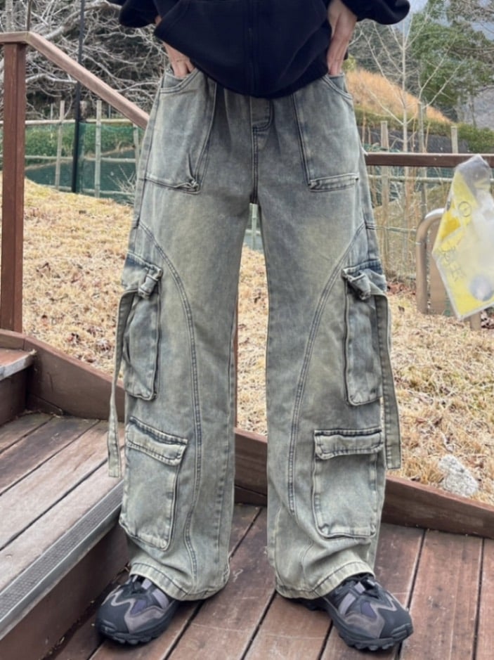 XU】dirty washing denim cargo pants XU dog 【dirty washing