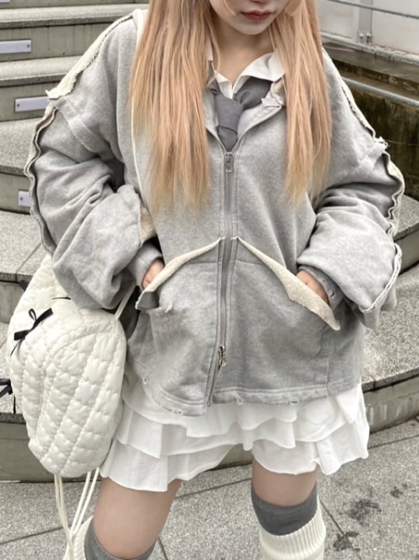 受注制【nmtc +】reverse design damage zip up hoodie (3color) | OUR