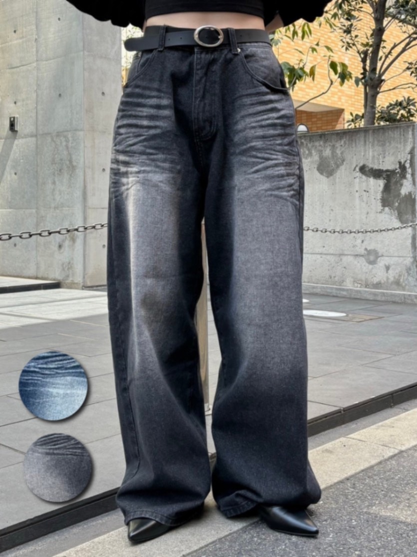 デニム・ジーパン Po Semi Wide Denim Pants (2color) Chikashitsu +】design washing wide denim pants (2color