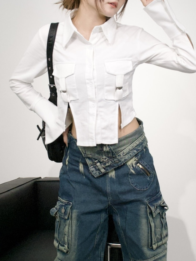 【XU DOG】slit cropped shirt (2color)