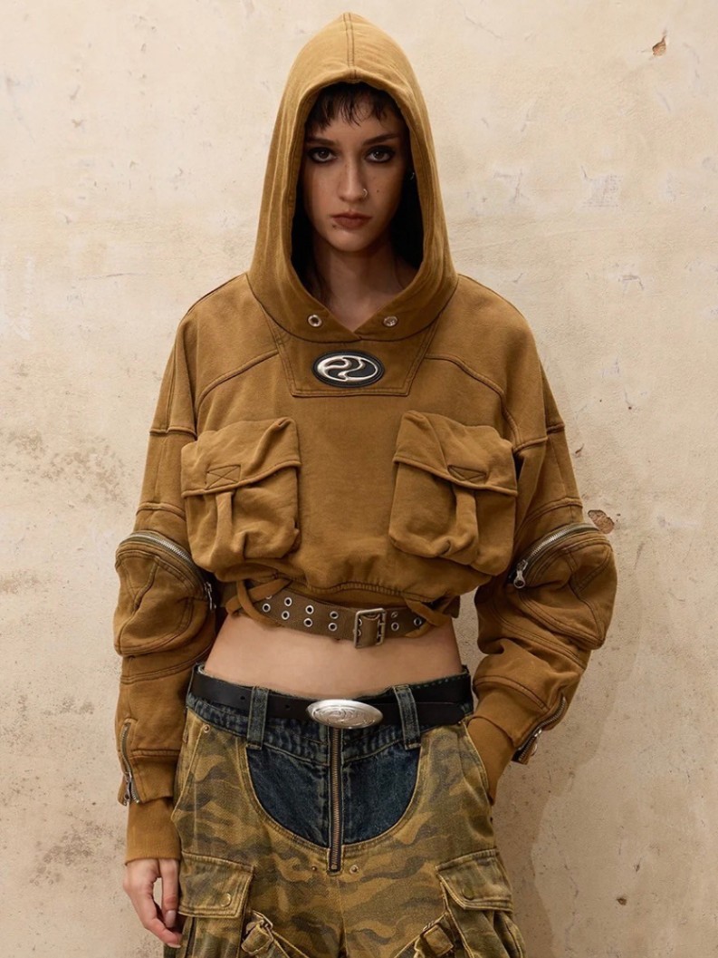 【PERSONSOUL】Mutiple Pocket Short Hoodie