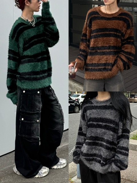 ボーダリープラス(PC＋POM) 受注制【Chikashitsu +】hairy border knit (3color