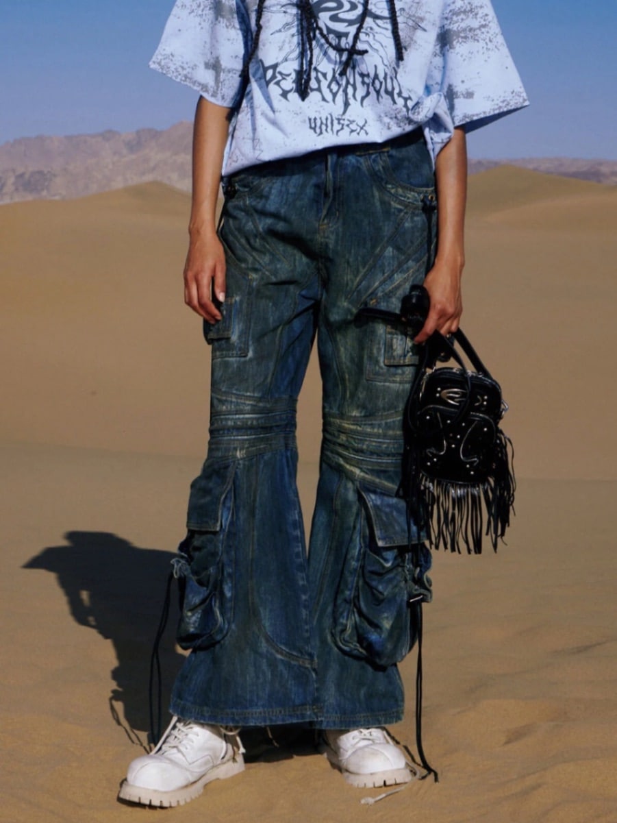 【PERSONSOUL】Pocket Drawstring Washed Flared Jeans