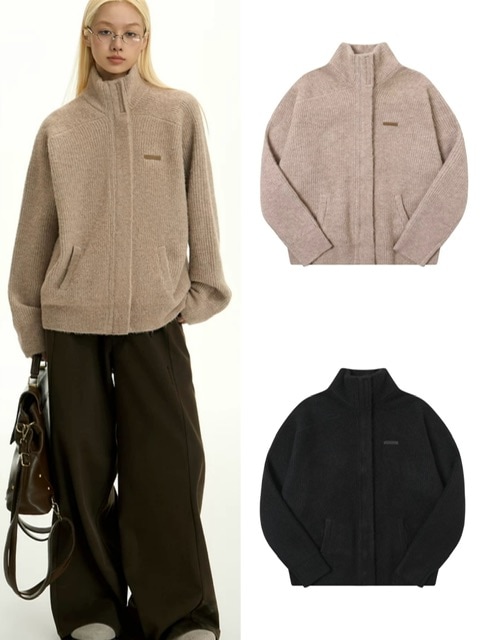 【TGNS】Basic Leather Label Zipper Cardigan Sweater