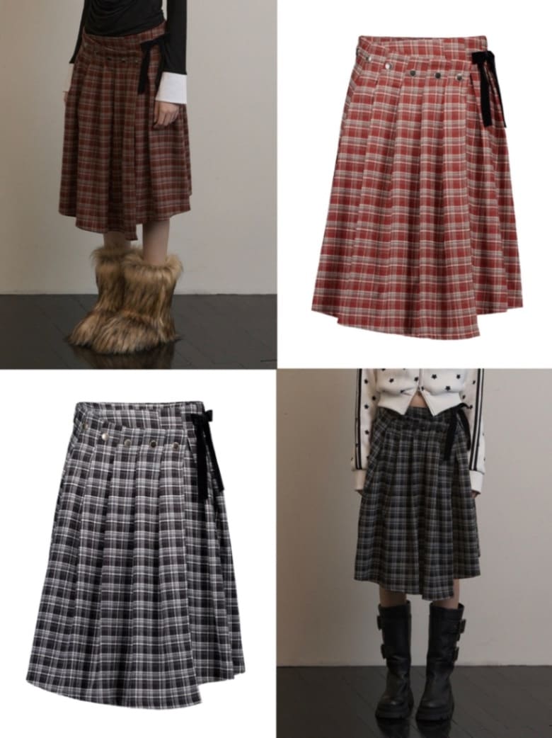[SETUP-EXE] CHECK WRAP SKIRT / 追跡付 CHECK WRAP SKIRT RED - SETUP EXE | 60% - Asian Fashion