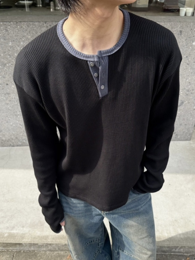 受注制【youll】henley neck waffle long tee (2color)
