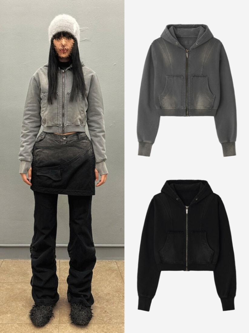 【BLR BLUER】BLEACHED CURVED INCISION SWEAT HOODIE ZIP-UP (Ｗ)