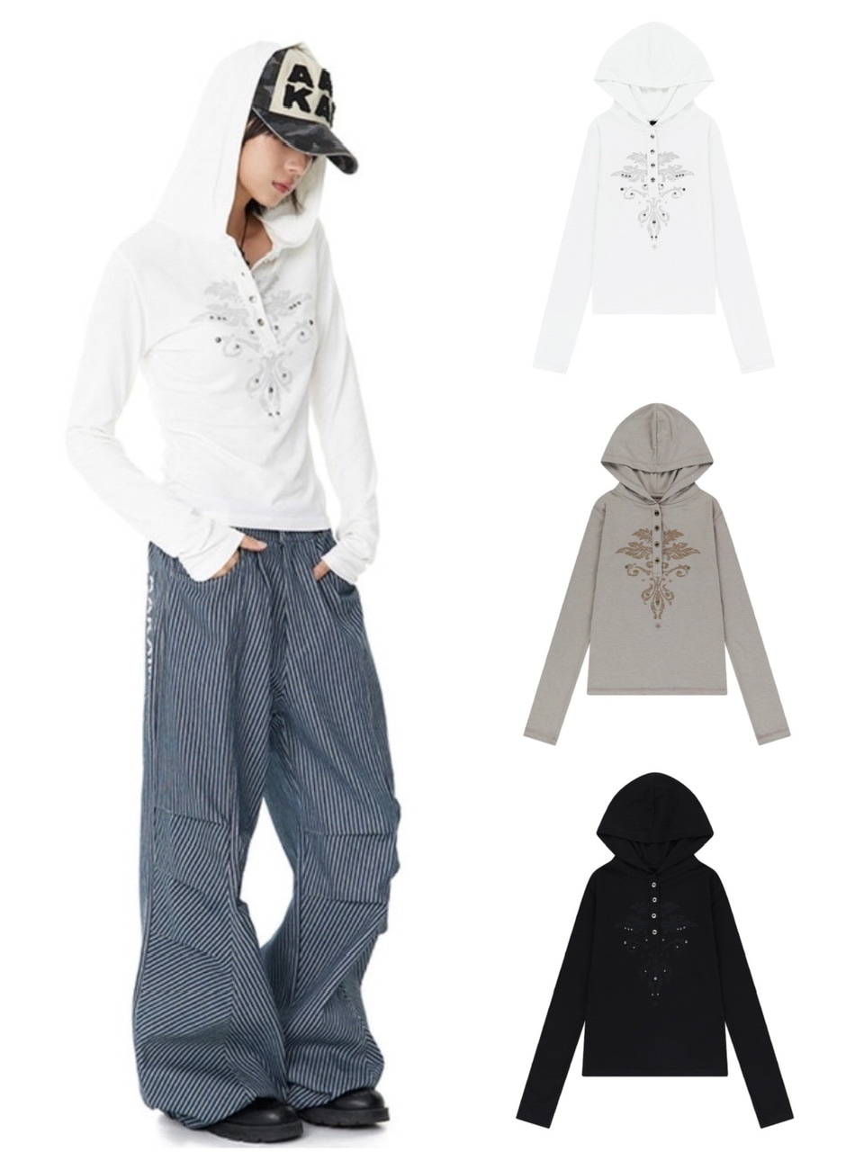 AAKAM ■ Studded CROS2 Hooded Long Sleeve AAKAM】Studded Leaf Hooded Long Sleeve | OUR BRAND,AAKAM
