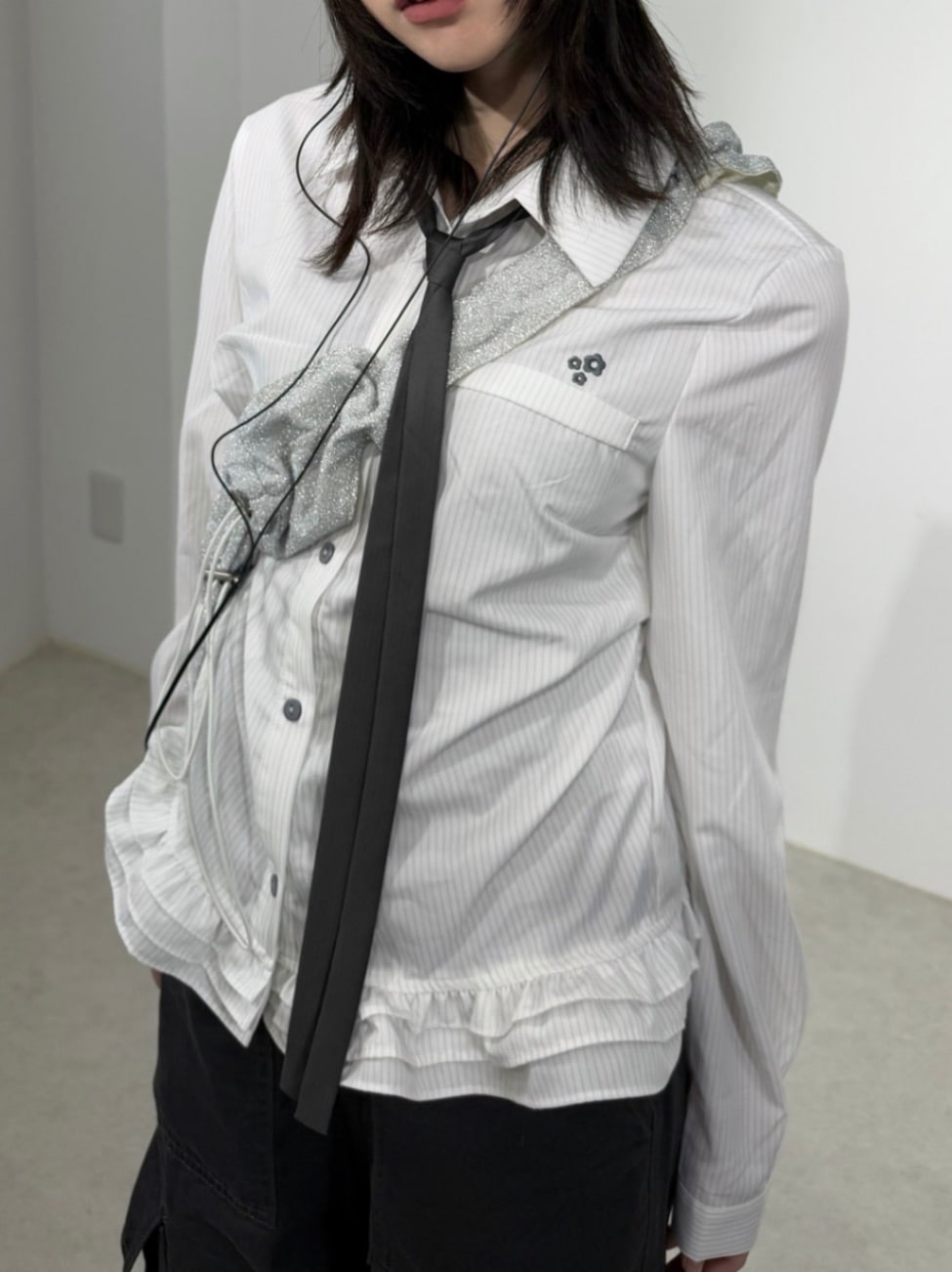 【Nerd out XU】frill hem stripe shirt