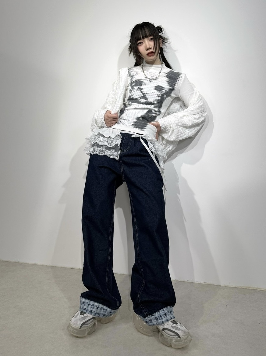 受注制【Nerd out XU】design check wide denim pants