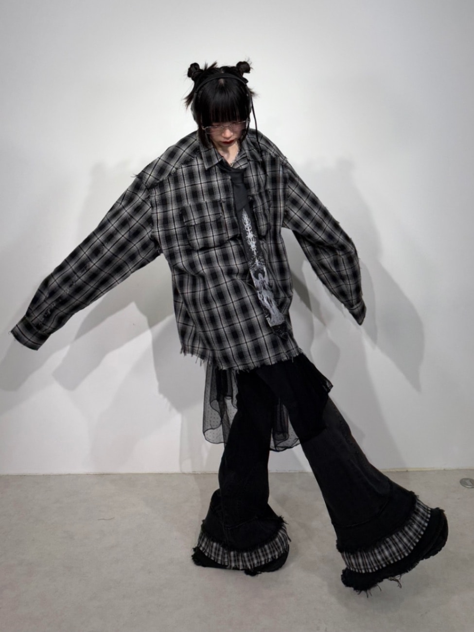 受注制【Nerd out XU】check frill hem flare denim pants