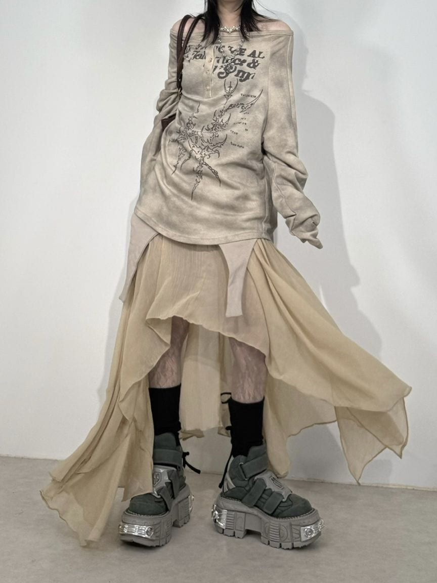 受注制【Nerd out XU】asymmetry sheer long skirt (2color)