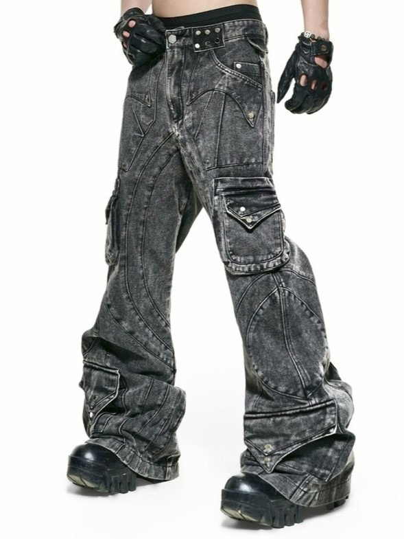 【RICH】Grey Wash Cargo Flare Pants / 【リッチ】ウォッシュフレアカーゴデニムパンツ