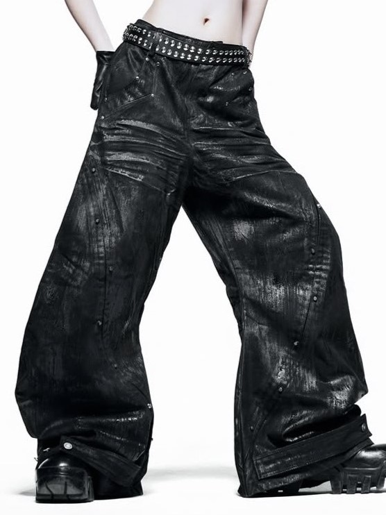 RICH】Black Waxed S-Wide Pants | OUR BRAND,RICH | PRESSING