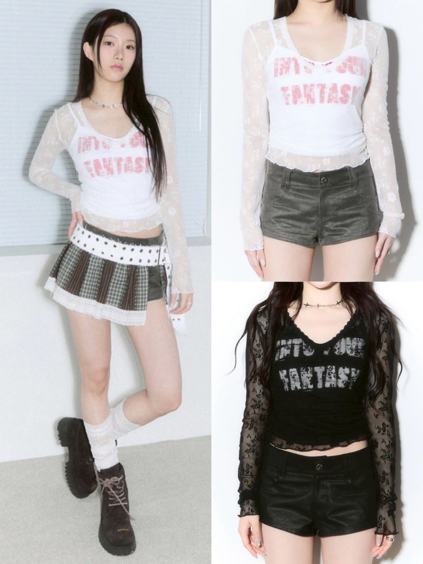 【CHERRYQUIRI】seethrough v neck shirring sleeve 