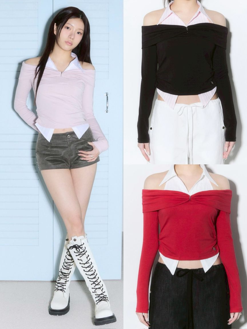 【CHERRYQUIRI】shirts layered off shoulder top