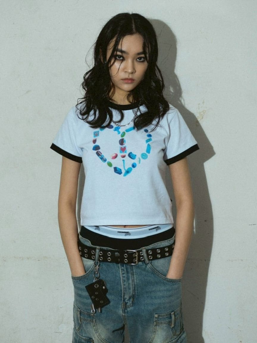 【DOMINANT】Heart Peace Ringer Crop T-Shirt
