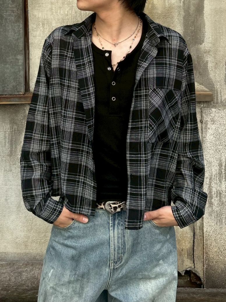 受注制【Chikashitsu +】cropped linen check shirt (3color) / 【チカシツプラス】クロップドリネンチェック長袖シャツ