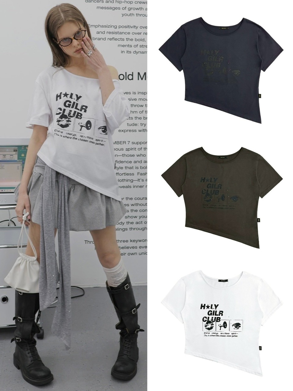 【HOLY NUMBER 7】OFF-SHOULDER HOLY GIRL CLUB GRAPHICS  SHORT-SLEEVED T-SHIRT
