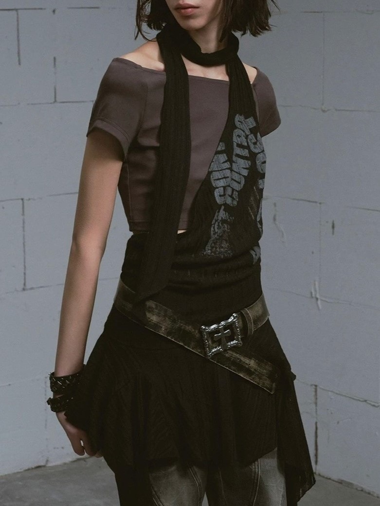 【Cest Nous】Black and Gray Short-sleeved T-shirts / 【セヌー】クロップ半袖Tシャツシアーチュニックレイヤードトップス