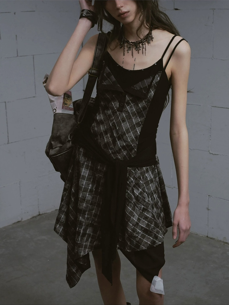 【Cest Nous】Plaid tie-strap camisole dress / 【セヌー】プリーツグレンチェックストラップキャミワンピース