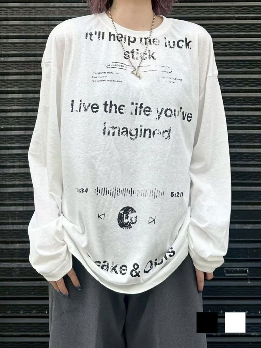 【Chikashitsu +】croque lettering long sleeve / 【チカシツプラス】モックネックレタリング長袖Tシャツ(2color)