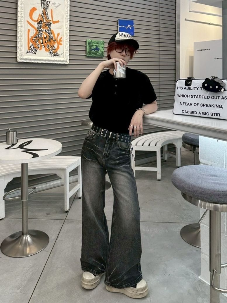 【LUV CODE】washed denim flare pants