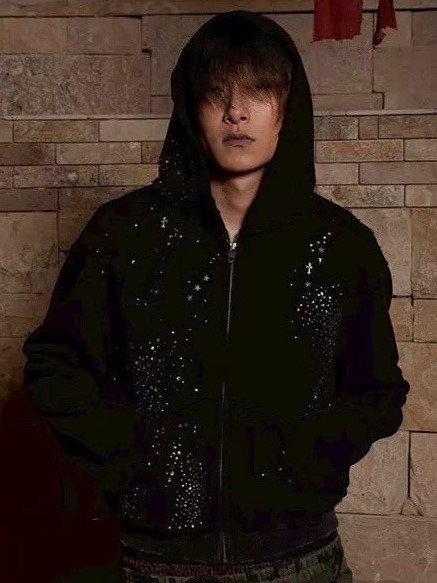 DND4DES】RHINESTONE BLACK ZIP-UP HOODIE | OUR BRAND,DND4DES