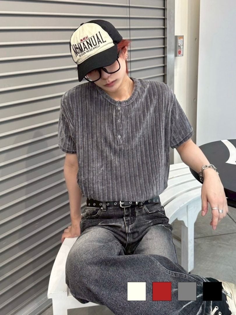 受注制【LUV CODE】henley neck half sleeve velours top (4color)