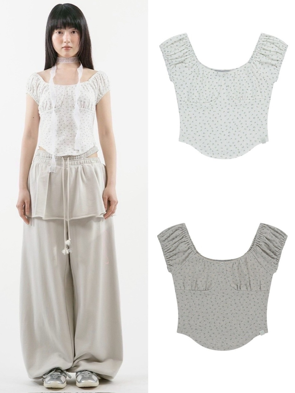 【TUOMIO】FLOWER SHIRRED T-SHIRT / 【トゥオミオ】フラワーシャーリングTシャツ
