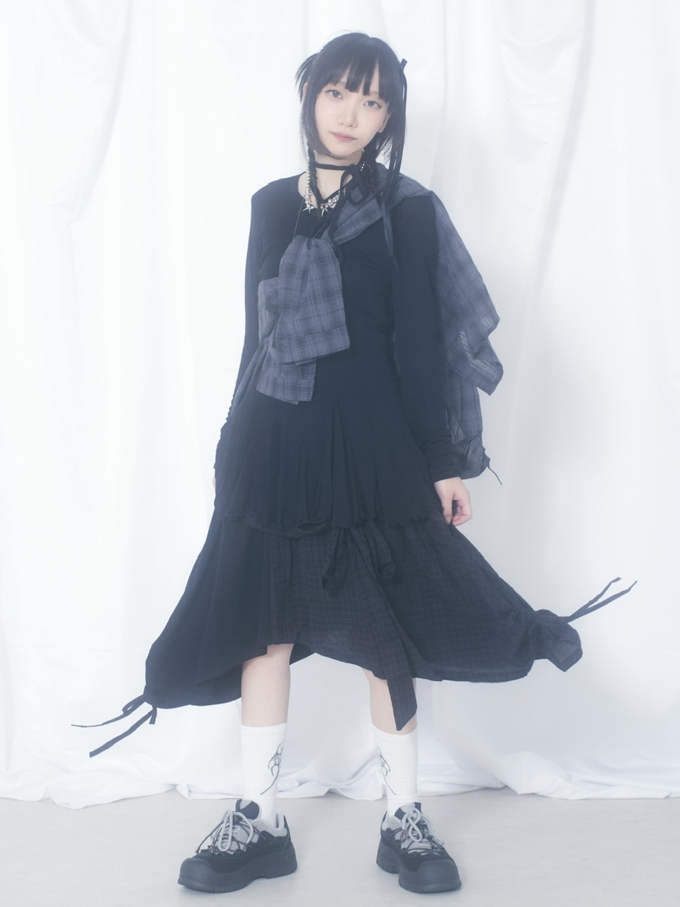 受注制【Nerd out XU】docking ribbon check asymmetry skirt