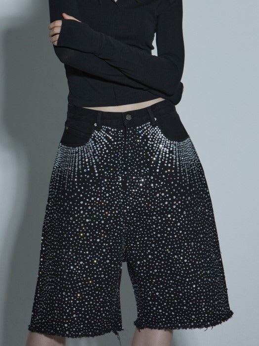 【GATELESS】RHINESTONE FRINGE DENIM HALF PANTS / 【ゲートレス】ラインストーンフリンジデニムハーフパンツ