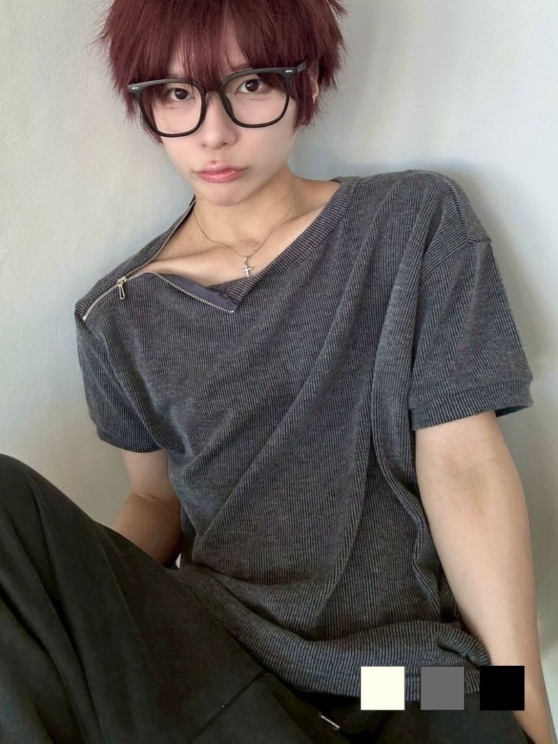 受注制【LUV CODE】shoulder zip half sleeve knit (3color)