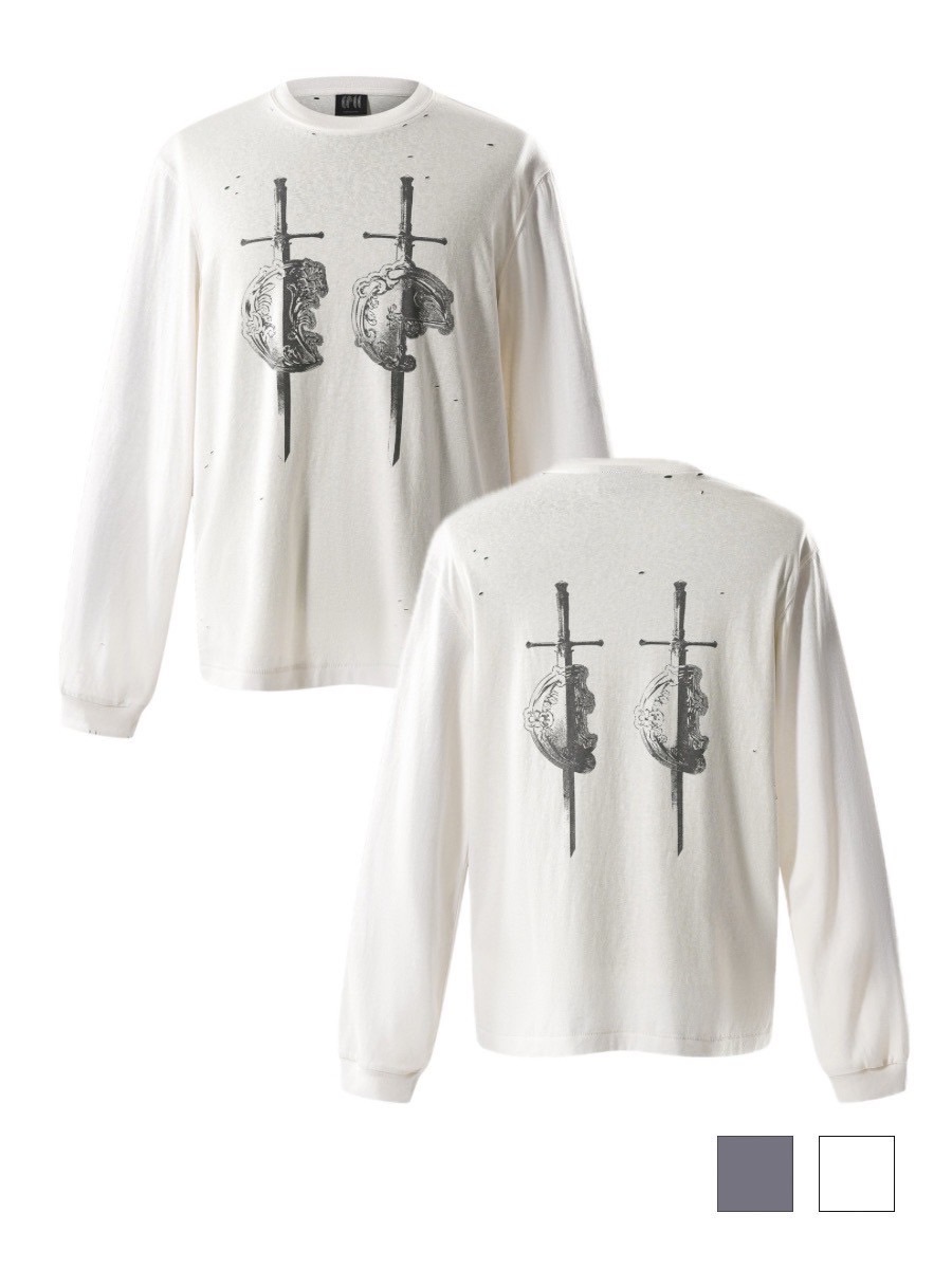【The Boy Has No Patience】LUMINOUS DAWN SWORD & SHIELD TEE / 【ザボーイハズノーペーシェンス】ソードデザイングラフィックロゴダメージ長袖Tシャツ