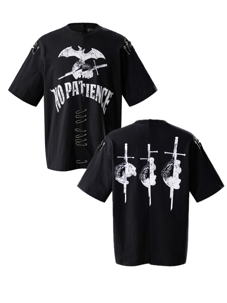 【The Boy Has No Patience】LUMINOUS DAWN DESTROYED PATCHWORK TEE / 【ザボーイハズノーペーシェンス】ソードグラフィックデザインパッチワーク半袖Tシャツ