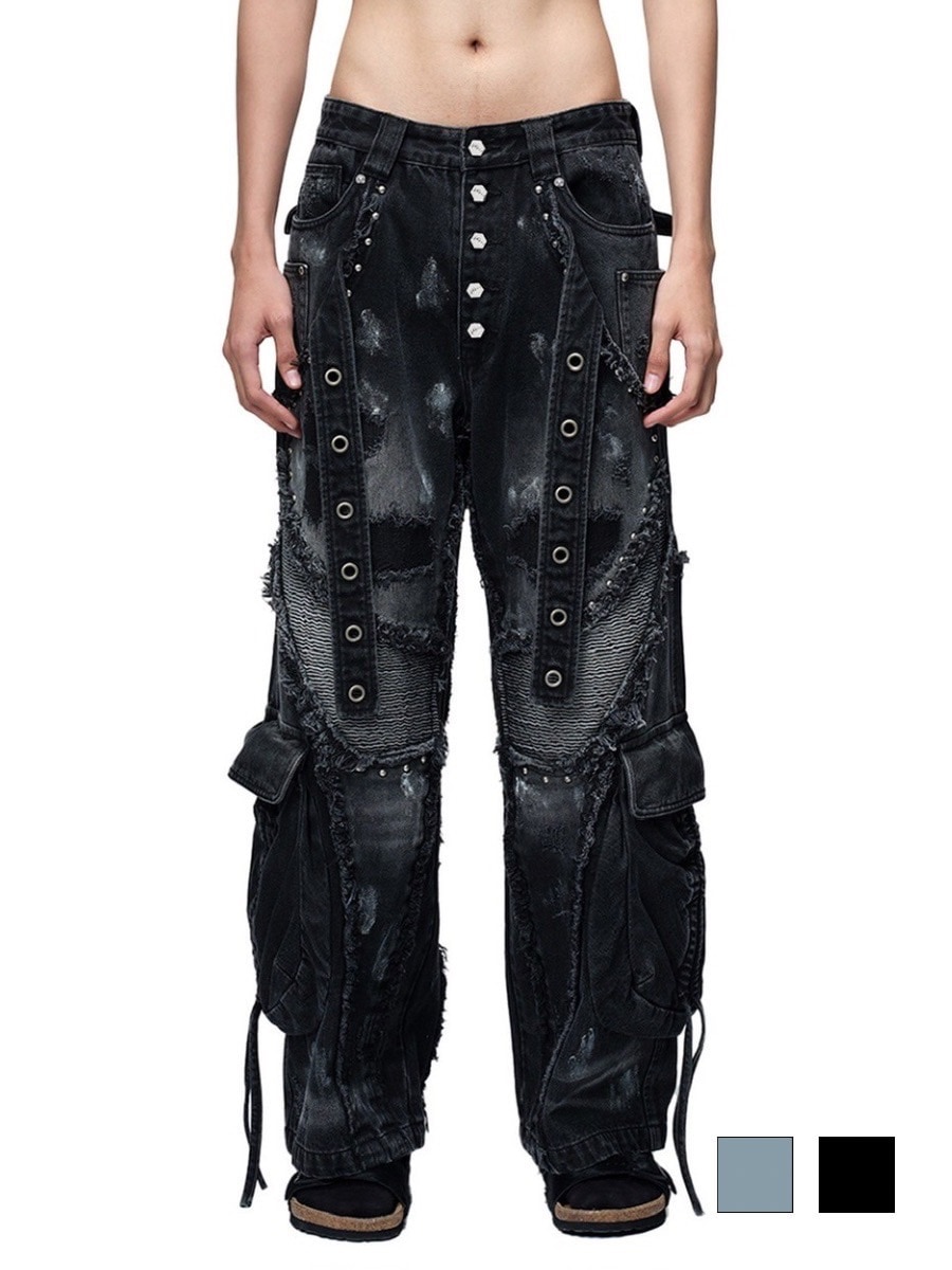 【The Boy Has No Patience】LUMINOUS DAWN RIVET RIBBON BAGGY JEANS / 【ザボーイハズノーペーシェンス】リベットリボンバギーカーゴデニムパンツ