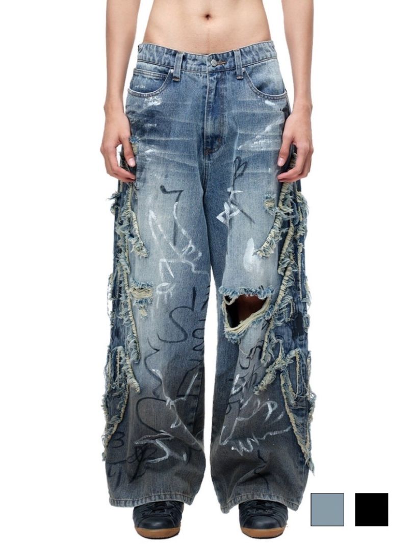 【The Boy Has No Patience】LUMINOUS DAWN GRAFFITI JEANS / 【ザボーイハズノーペーシェンス】グラフィティデザインダメージデニムパンツ