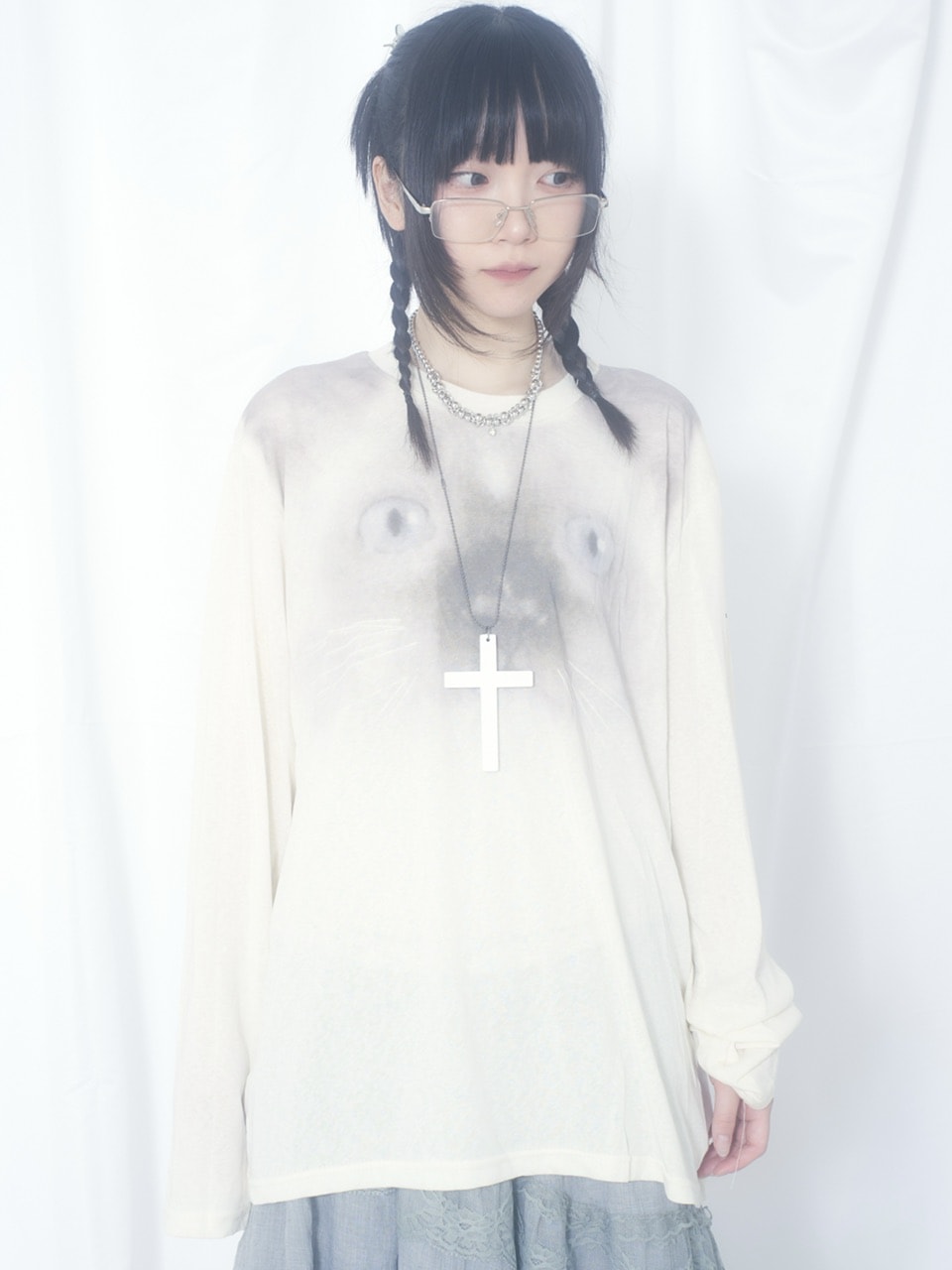 受注制【Nerd out XU】cat face sheer long sleeve / 【ナードアウトエックスユー】キャットフェイスシアー長袖Tシャツ