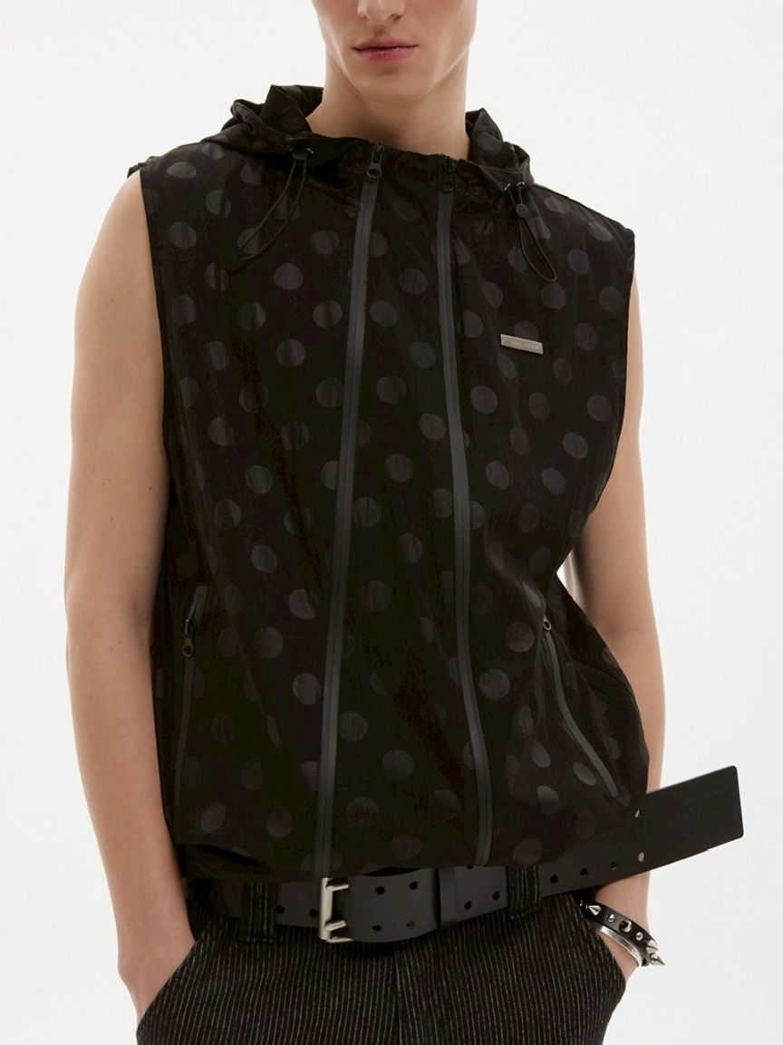 【ESC STUDIO】twin zipper dot hood vest/ 【イーエスシーステュディオ】ツインジッパードットフードベスト